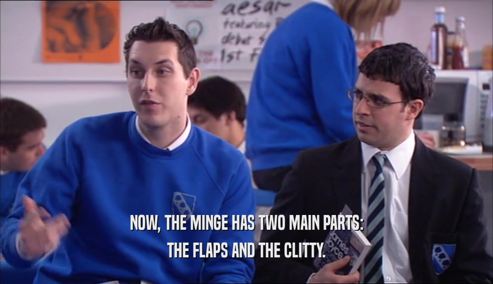 NOW, THE MINGE HAS TWO MAIN PARTS: THE FLAPS AND THE CLITTY. 