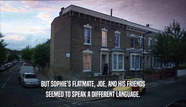 BUT SOPHIE'S FLATMATE, JOE, AND HIS FRIENDS
 SEEMED TO SPEAK A DIFFERENT LANGUAGE.
 