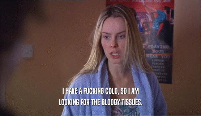 I HAVE A FUCKING COLD, SO I AM LOOKING FOR THE BLOODY TISSUES. 