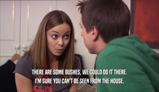 THERE ARE SOME BUSHES, WE COULD DO IT THERE. I'M SURE YOU CAN'T BE SEEN FROM THE HOUSE. 