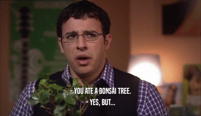 - YOU ATE A BONSAI TREE. - YES, BUT... 