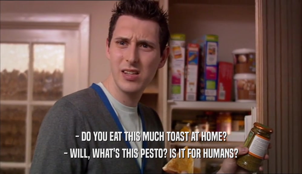 - DO YOU EAT THIS MUCH TOAST AT HOME? - WILL, WHAT'S THIS PESTO? IS IT FOR HUMANS? 
