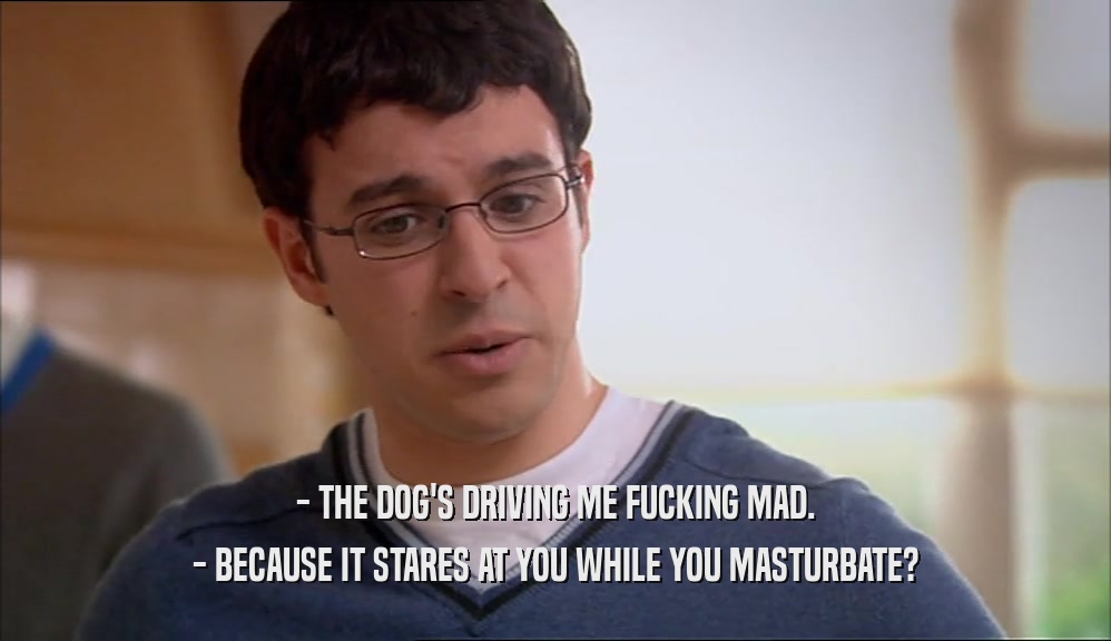- THE DOG'S DRIVING ME FUCKING MAD. - BECAUSE IT STARES AT YOU WHILE YOU MASTURBATE? 