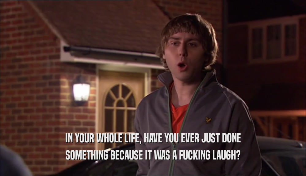 IN YOUR WHOLE LIFE, HAVE YOU EVER JUST DONE SOMETHING BECAUSE IT WAS A FUCKING LAUGH? 