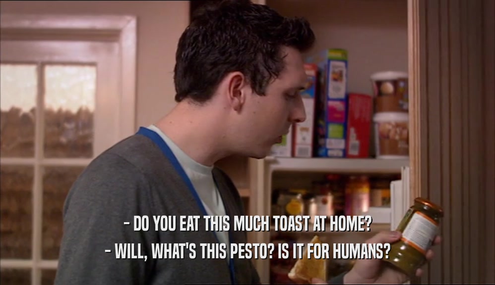 - DO YOU EAT THIS MUCH TOAST AT HOME? - WILL, WHAT'S THIS PESTO? IS IT FOR HUMANS? 