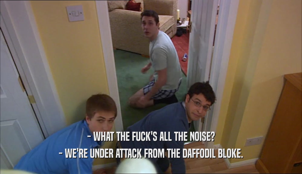 - WHAT THE FUCK'S ALL THE NOISE? - WE'RE UNDER ATTACK FROM THE DAFFODIL BLOKE. 