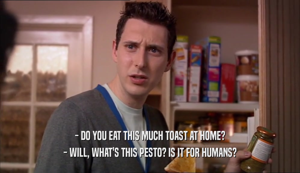 - DO YOU EAT THIS MUCH TOAST AT HOME? - WILL, WHAT'S THIS PESTO? IS IT FOR HUMANS? 