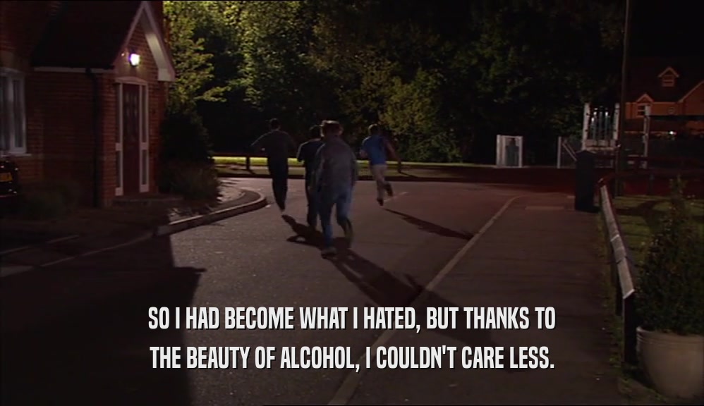 SO I HAD BECOME WHAT I HATED, BUT THANKS TO THE BEAUTY OF ALCOHOL, I COULDN'T CARE LESS. 