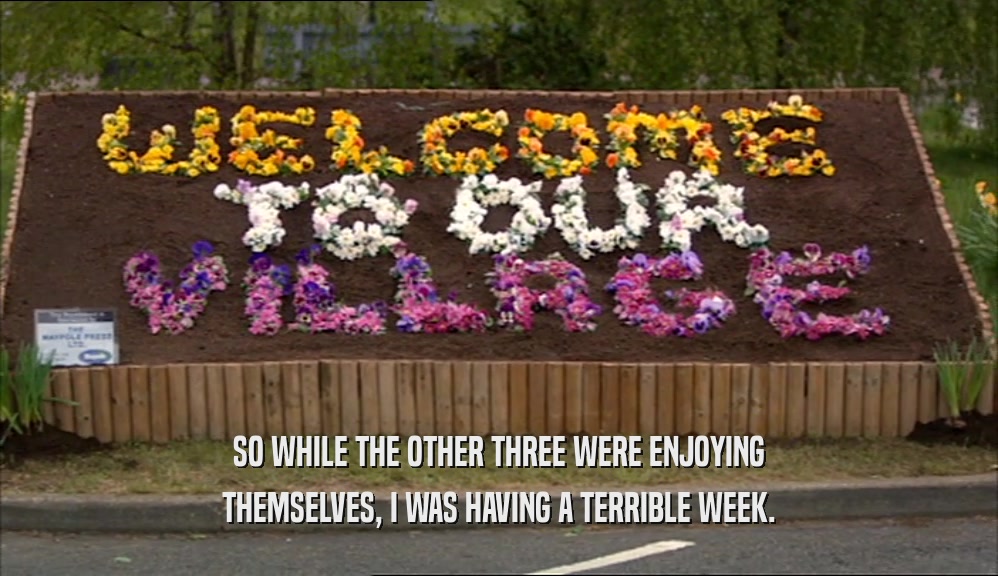 SO WHILE THE OTHER THREE WERE ENJOYING THEMSELVES, I WAS HAVING A TERRIBLE WEEK. 