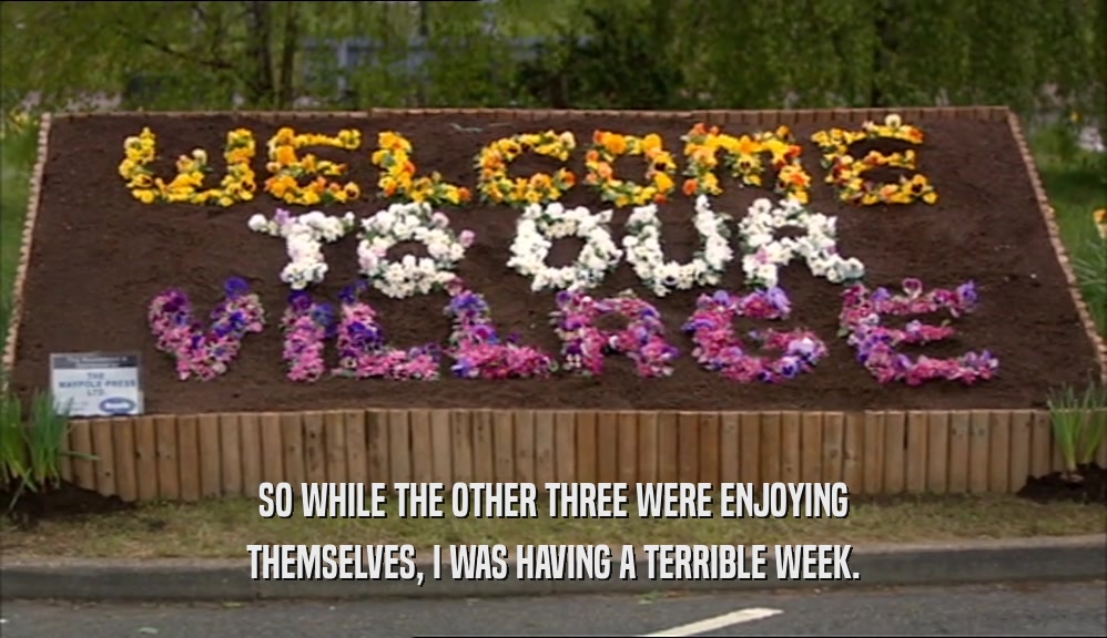 SO WHILE THE OTHER THREE WERE ENJOYING THEMSELVES, I WAS HAVING A TERRIBLE WEEK. 