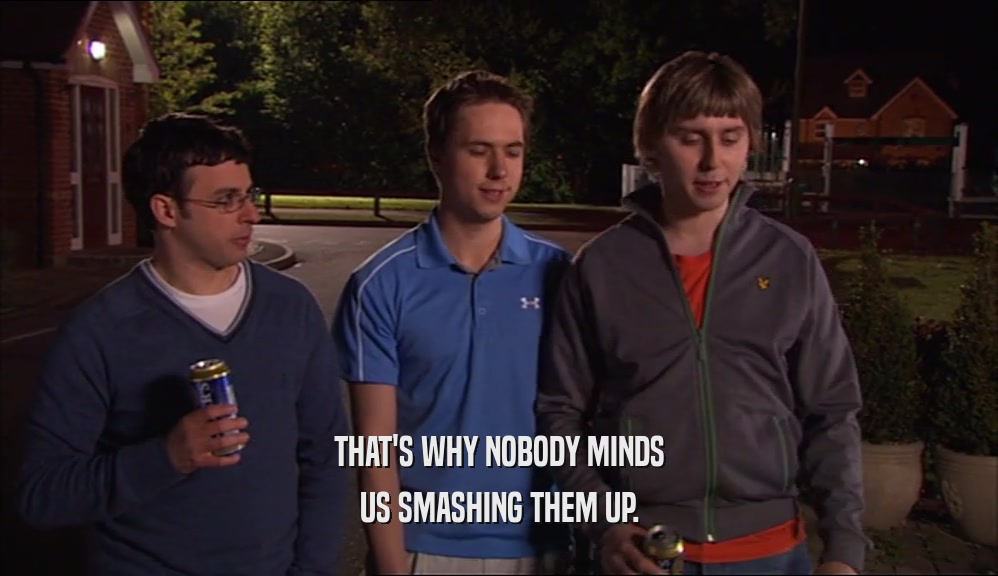 THAT'S WHY NOBODY MINDS US SMASHING THEM UP. 