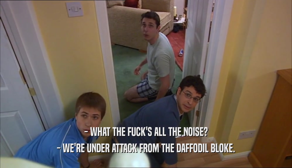 - WHAT THE FUCK'S ALL THE NOISE? - WE'RE UNDER ATTACK FROM THE DAFFODIL BLOKE. 