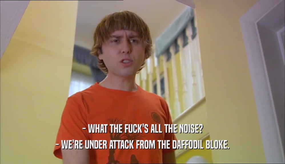 - WHAT THE FUCK'S ALL THE NOISE? - WE'RE UNDER ATTACK FROM THE DAFFODIL BLOKE. 