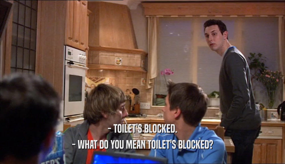 - TOILET'S BLOCKED.
 - WHAT DO YOU MEAN TOILET'S BLOCKED?
 