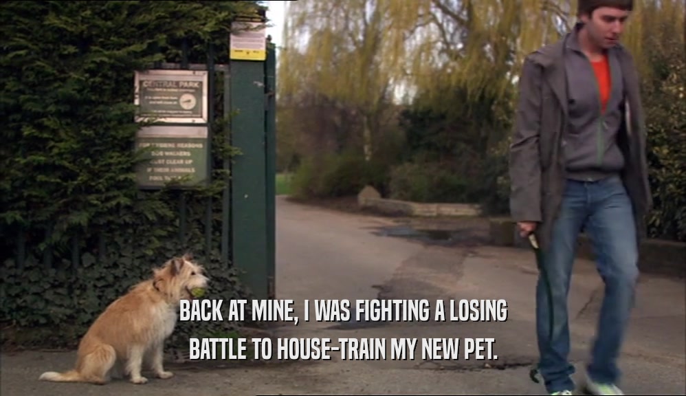 BACK AT MINE, I WAS FIGHTING A LOSING BATTLE TO HOUSE-TRAIN MY NEW PET. 