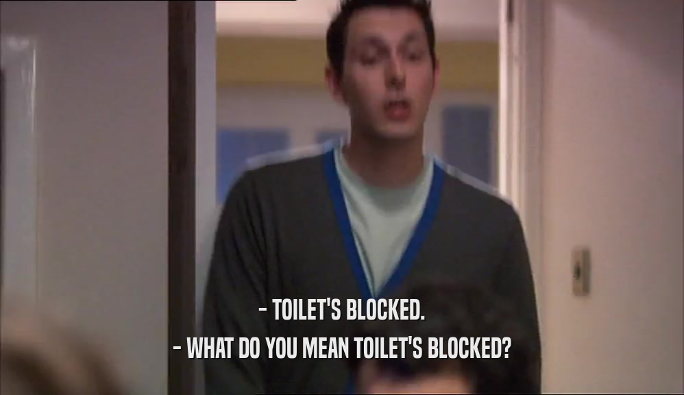 - TOILET'S BLOCKED.
 - WHAT DO YOU MEAN TOILET'S BLOCKED?
 