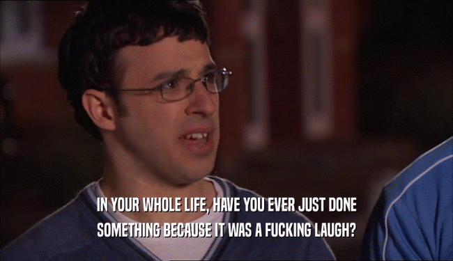 IN YOUR WHOLE LIFE, HAVE YOU EVER JUST DONE SOMETHING BECAUSE IT WAS A FUCKING LAUGH? 