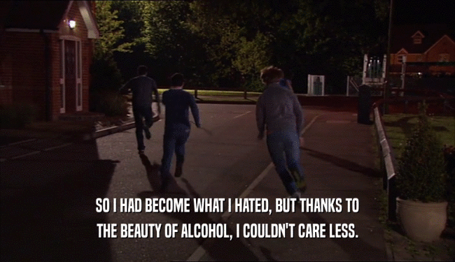 SO I HAD BECOME WHAT I HATED, BUT THANKS TO THE BEAUTY OF ALCOHOL, I COULDN'T CARE LESS. 