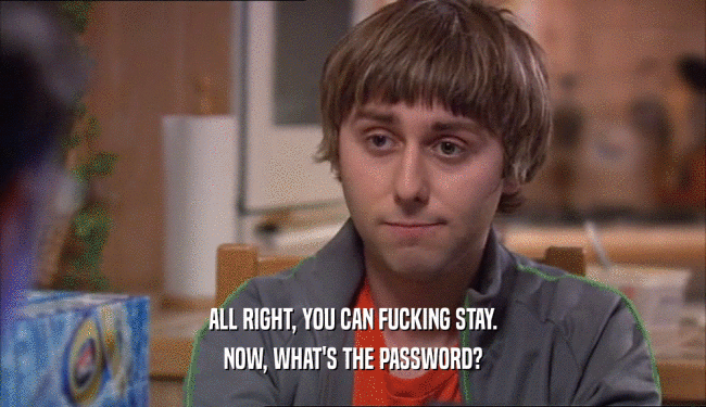 ALL RIGHT, YOU CAN FUCKING STAY. NOW, WHAT'S THE PASSWORD? 