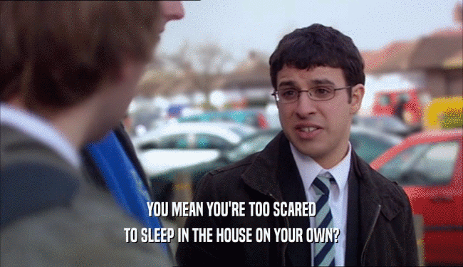 YOU MEAN YOU'RE TOO SCARED TO SLEEP IN THE HOUSE ON YOUR OWN? 