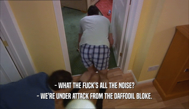- WHAT THE FUCK'S ALL THE NOISE? - WE'RE UNDER ATTACK FROM THE DAFFODIL BLOKE. 