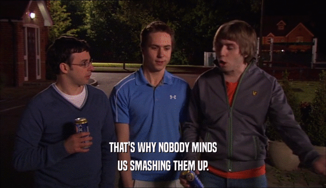 THAT'S WHY NOBODY MINDS US SMASHING THEM UP. 