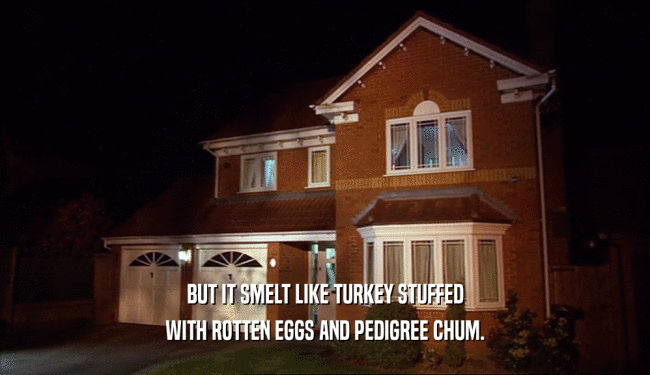 BUT IT SMELT LIKE TURKEY STUFFED WITH ROTTEN EGGS AND PEDIGREE CHUM. 