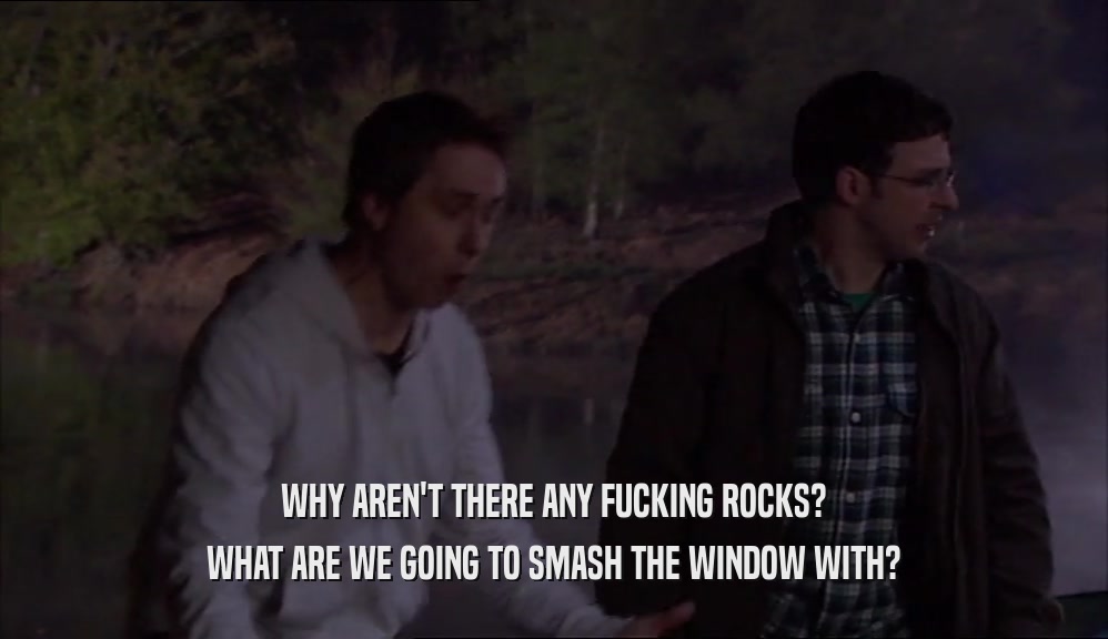 WHY AREN'T THERE ANY FUCKING ROCKS? WHAT ARE WE GOING TO SMASH THE WINDOW WITH? 