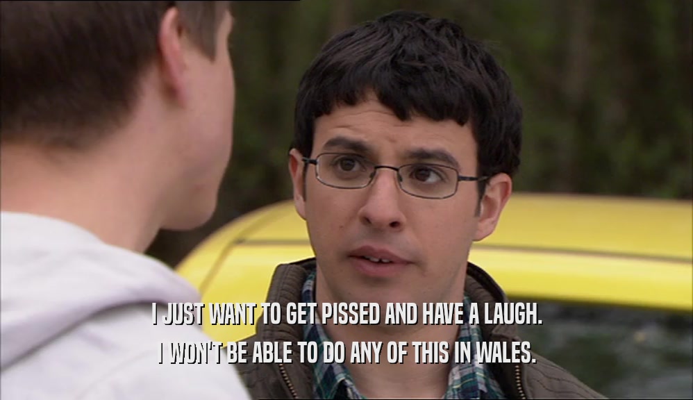 I JUST WANT TO GET PISSED AND HAVE A LAUGH. I WON'T BE ABLE TO DO ANY OF THIS IN WALES. 