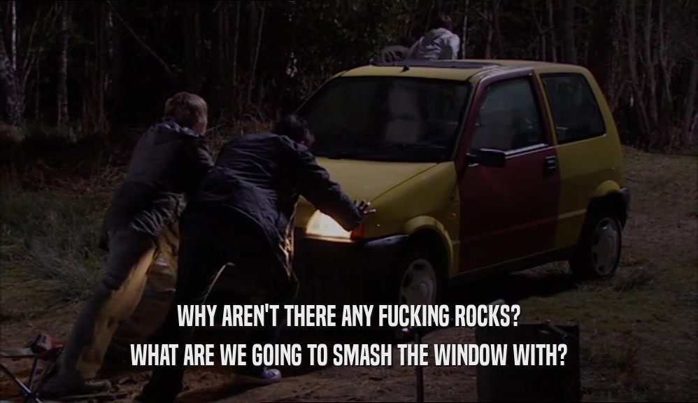 WHY AREN'T THERE ANY FUCKING ROCKS? WHAT ARE WE GOING TO SMASH THE WINDOW WITH? 