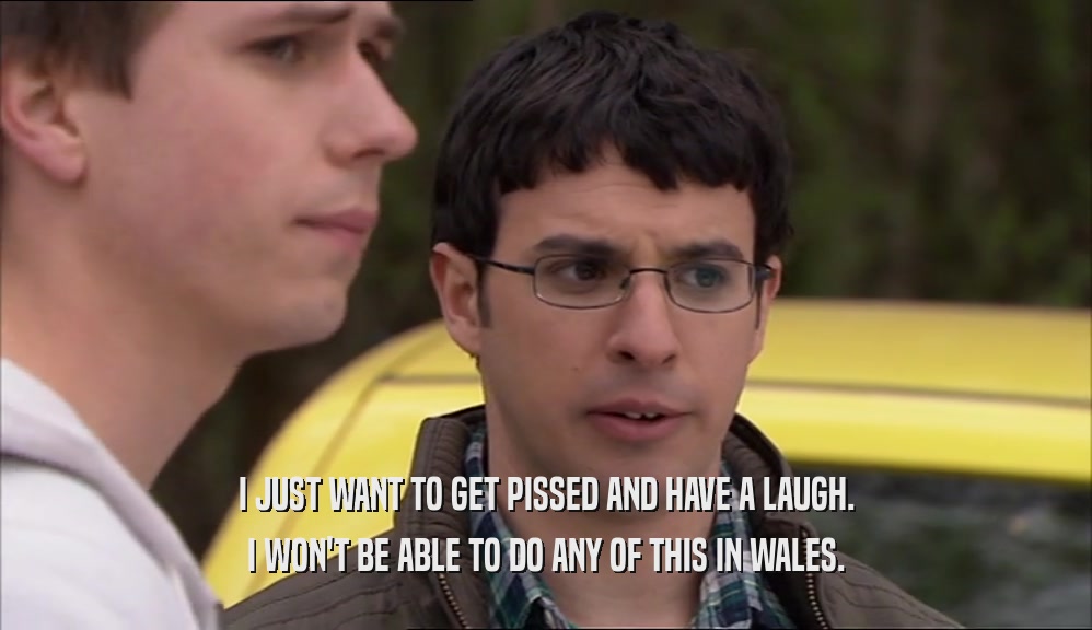 I JUST WANT TO GET PISSED AND HAVE A LAUGH. I WON'T BE ABLE TO DO ANY OF THIS IN WALES. 