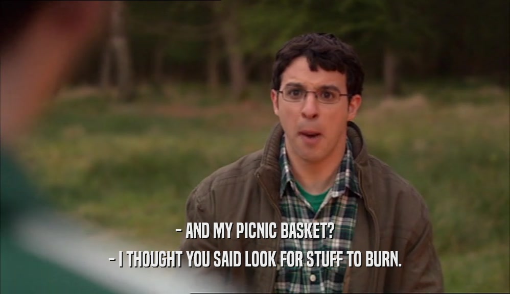 - AND MY PICNIC BASKET?
 - I THOUGHT YOU SAID LOOK FOR STUFF TO BURN.
 