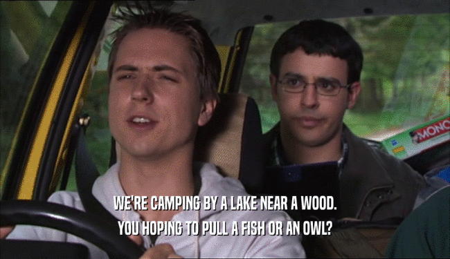 WE'RE CAMPING BY A LAKE NEAR A WOOD. YOU HOPING TO PULL A FISH OR AN OWL? 