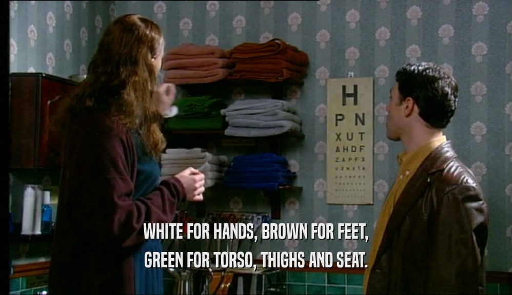 WHITE FOR HANDS, BROWN FOR FEET, GREEN FOR TORSO, THIGHS AND SEAT. 