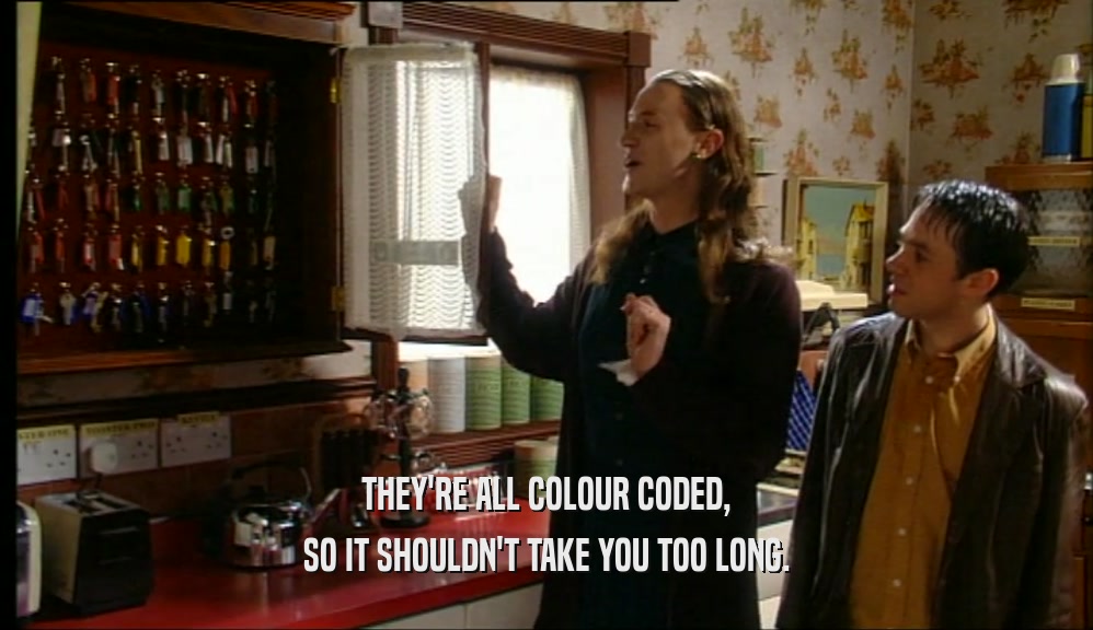 THEY'RE ALL COLOUR CODED, SO IT SHOULDN'T TAKE YOU TOO LONG. 