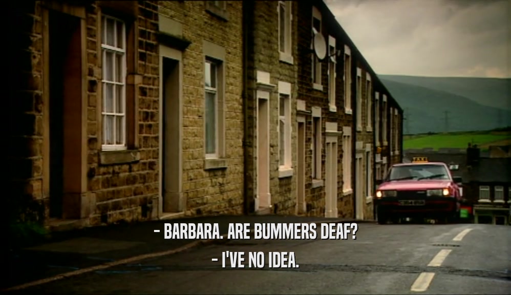 - BARBARA. ARE BUMMERS DEAF?
 - I'VE NO IDEA.
 