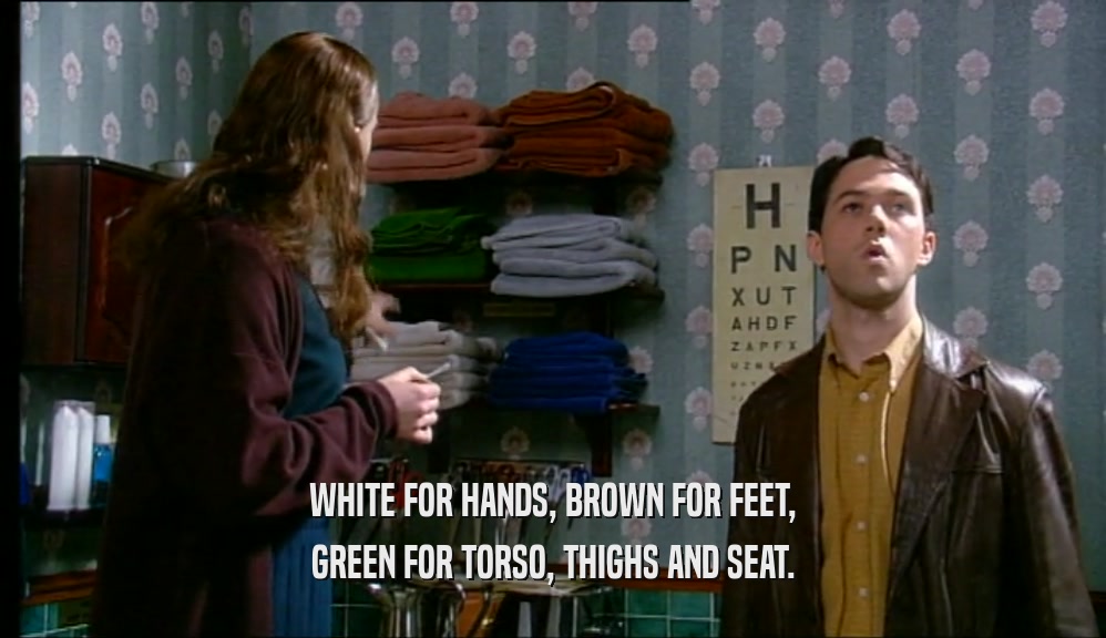 WHITE FOR HANDS, BROWN FOR FEET, GREEN FOR TORSO, THIGHS AND SEAT. 