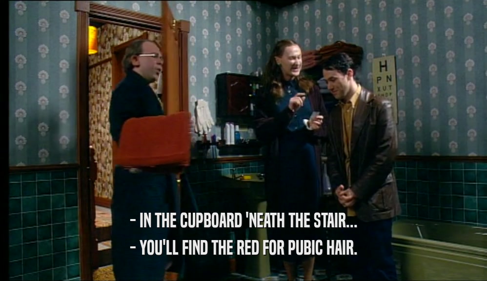 - IN THE CUPBOARD 'NEATH THE STAIR... - YOU'LL FIND THE RED FOR PUBIC HAIR. 