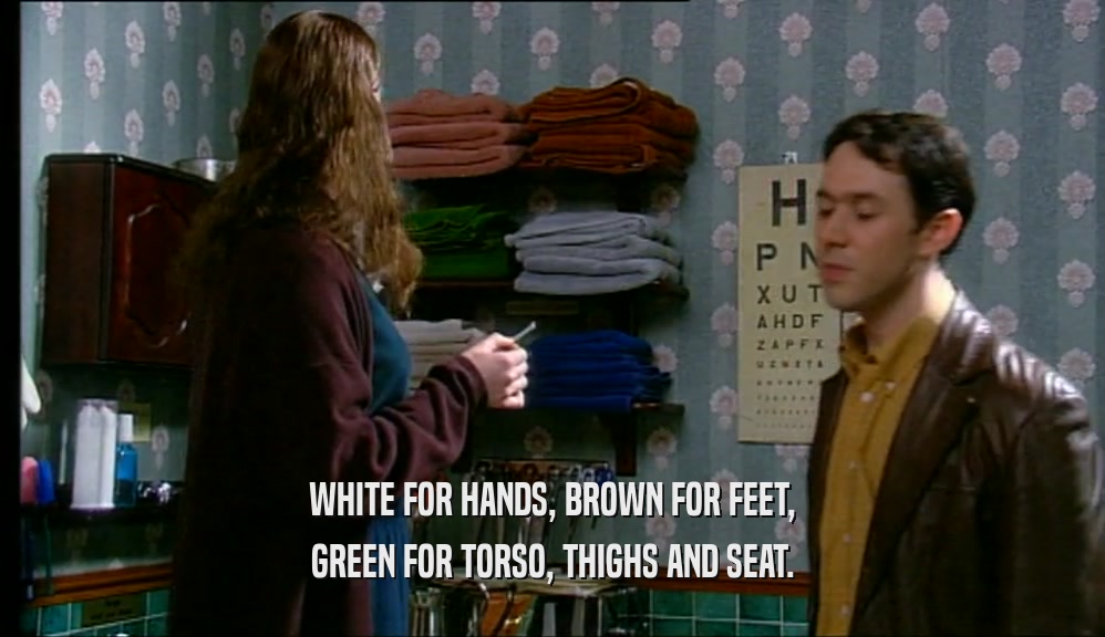WHITE FOR HANDS, BROWN FOR FEET, GREEN FOR TORSO, THIGHS AND SEAT. 
