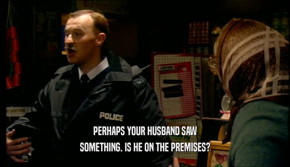 PERHAPS YOUR HUSBAND SAW SOMETHING. IS HE ON THE PREMISES? 