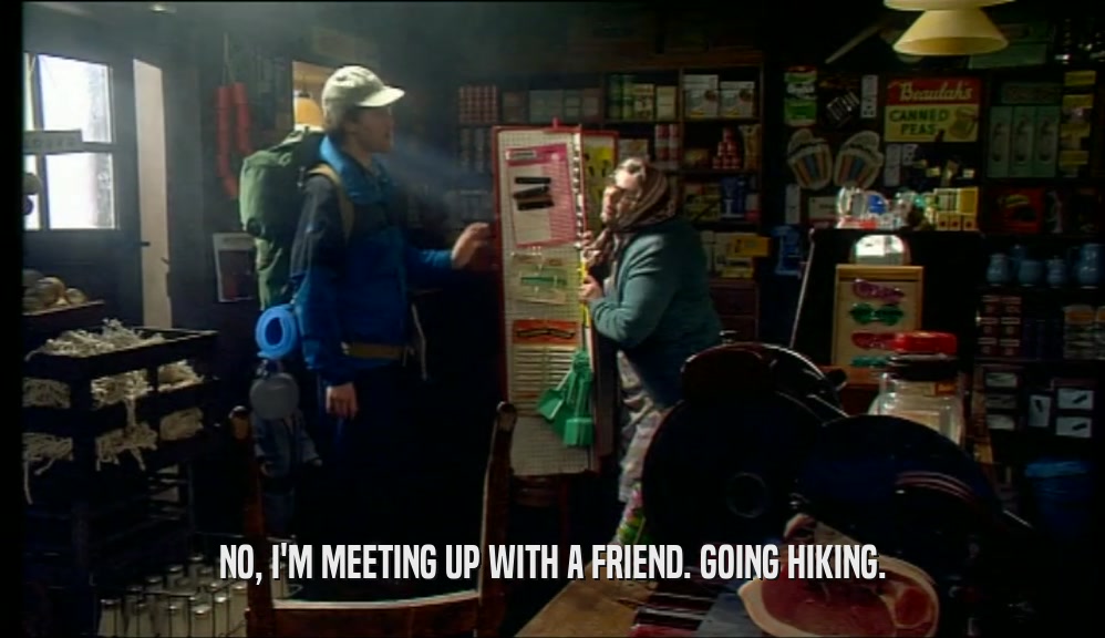 NO, I'M MEETING UP WITH A FRIEND. GOING HIKING.
  