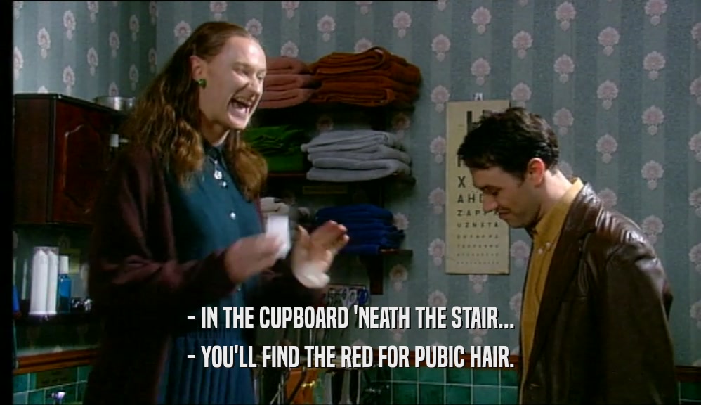- IN THE CUPBOARD 'NEATH THE STAIR... - YOU'LL FIND THE RED FOR PUBIC HAIR. 