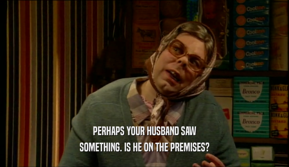 PERHAPS YOUR HUSBAND SAW SOMETHING. IS HE ON THE PREMISES? 