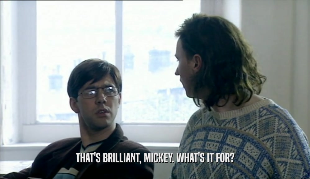 THAT'S BRILLIANT, MICKEY. WHAT'S IT FOR?  