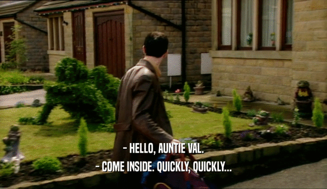 - HELLO, AUNTIE VAL. - COME INSIDE. QUICKLY, QUICKLY... 
