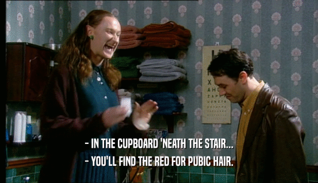 - IN THE CUPBOARD 'NEATH THE STAIR... - YOU'LL FIND THE RED FOR PUBIC HAIR. 