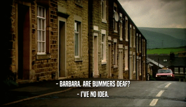 - BARBARA. ARE BUMMERS DEAF?
 - I'VE NO IDEA.
 