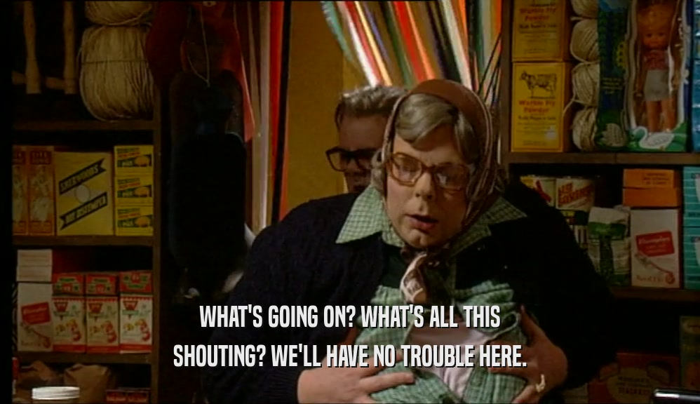 WHAT'S GOING ON? WHAT'S ALL THIS SHOUTING? WE'LL HAVE NO TROUBLE HERE. 