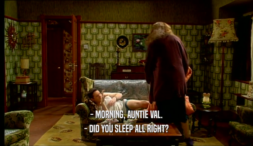 - MORNING, AUNTIE VAL.
 - DID YOU SLEEP ALL RIGHT?
 