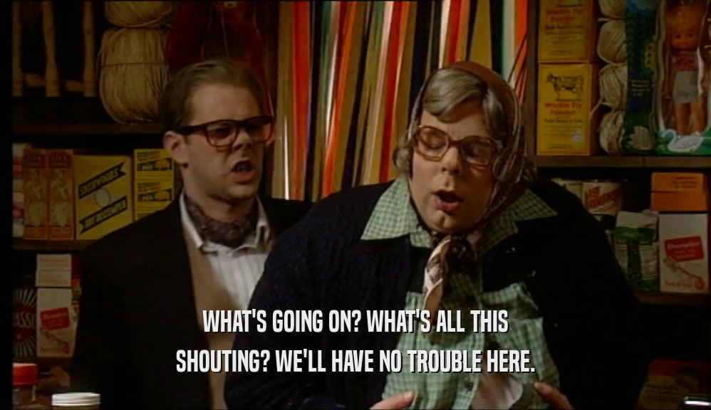 WHAT'S GOING ON? WHAT'S ALL THIS SHOUTING? WE'LL HAVE NO TROUBLE HERE. 